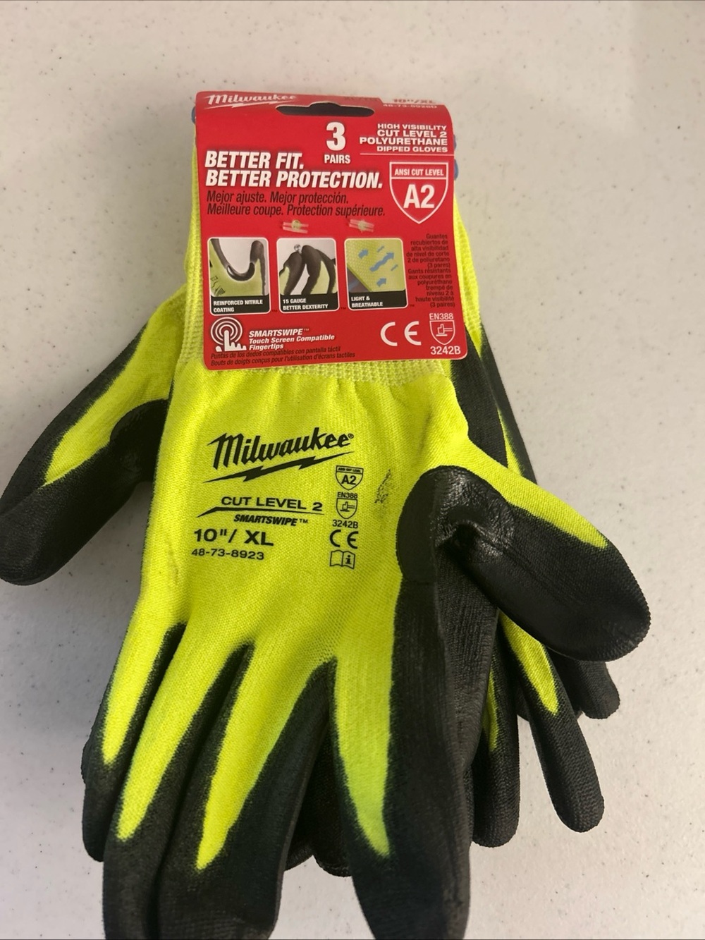High-Visibility Yellow & Black Work Gloves - Cut Level 2, XL (3 Pairs) NWT